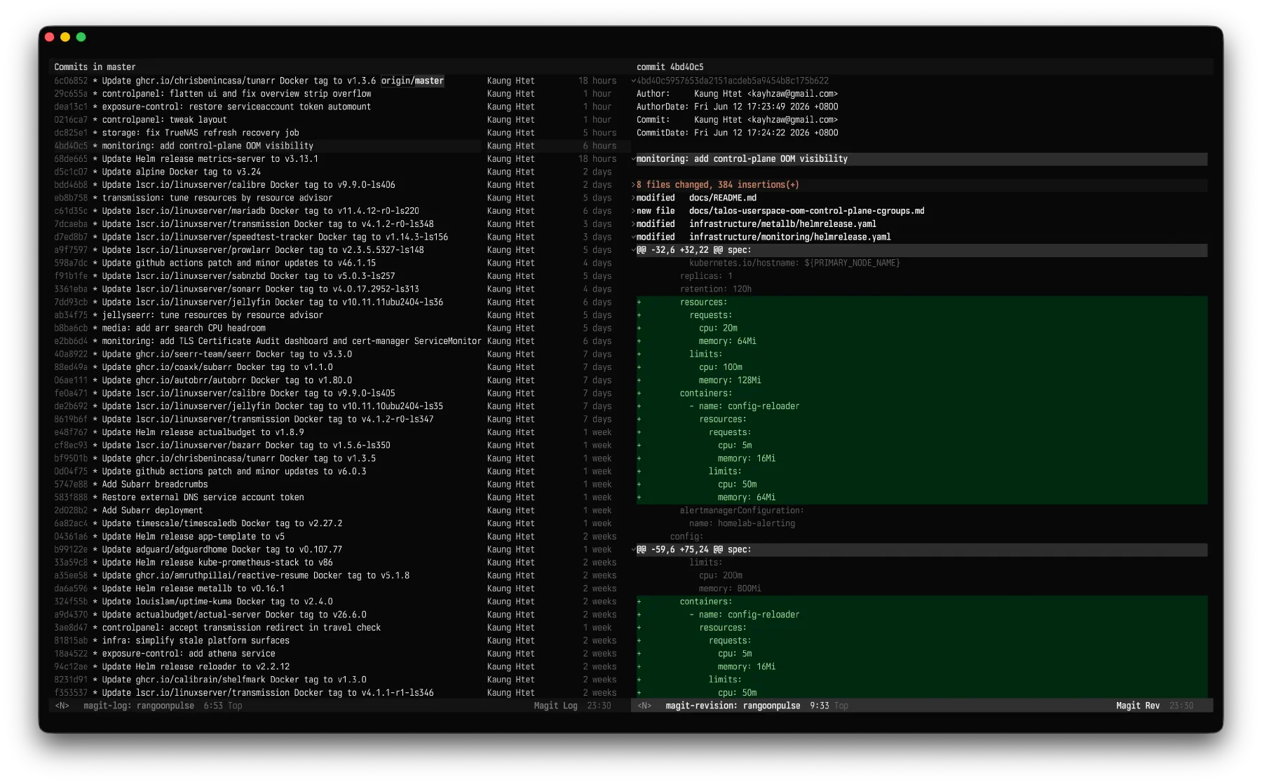 A Magit log buffer in ivory-dark, with red and green diff hunks against an otherwise grayscale interface