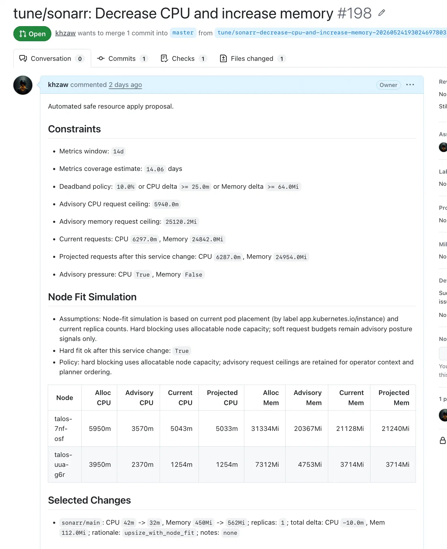 PR details showing constraints, node-fit simulation, and selected resource changes