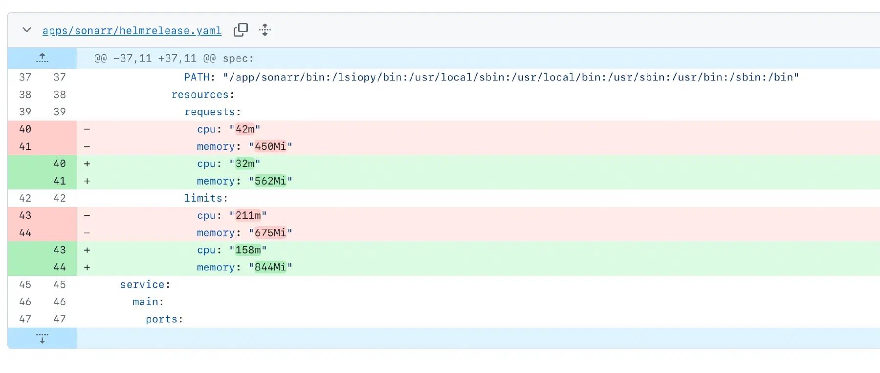 A resource tuning diff changing Sonarr CPU and memory requests