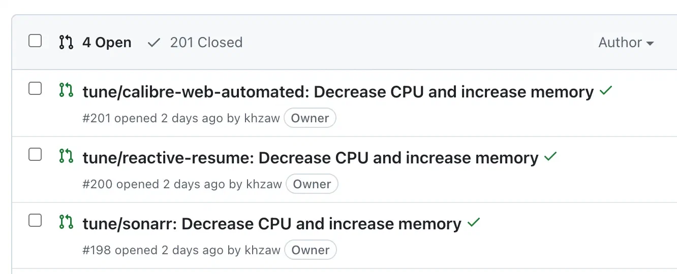 A list of resource tuning pull requests opened automatically